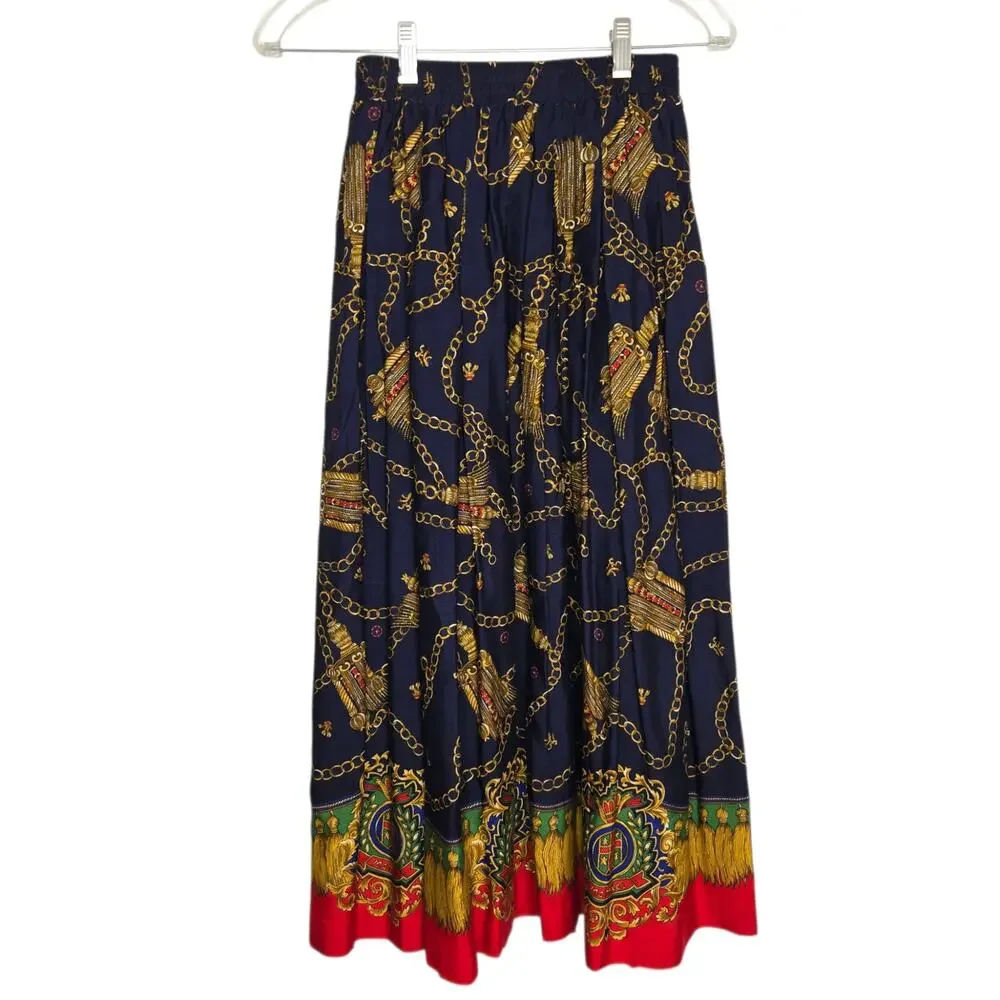 Vintage Ornate Scarf Print Midi Skirt Royal Lions Baroque Maximalist Women Small